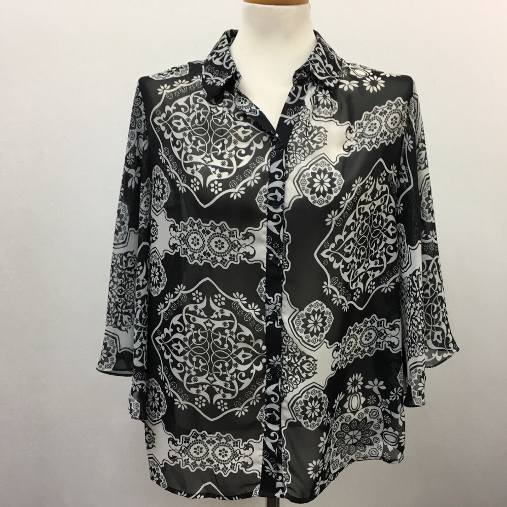 Sunny Taylor Top Medium Women's Multi-color Black Gray Sheer Button Down Floral